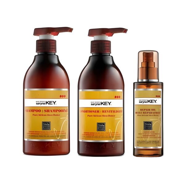 Σετ περιποίησης μαλλιών Saryna Key Damage Repair Trio Small Kit με σαμπουάν, conditioner και λάδι
